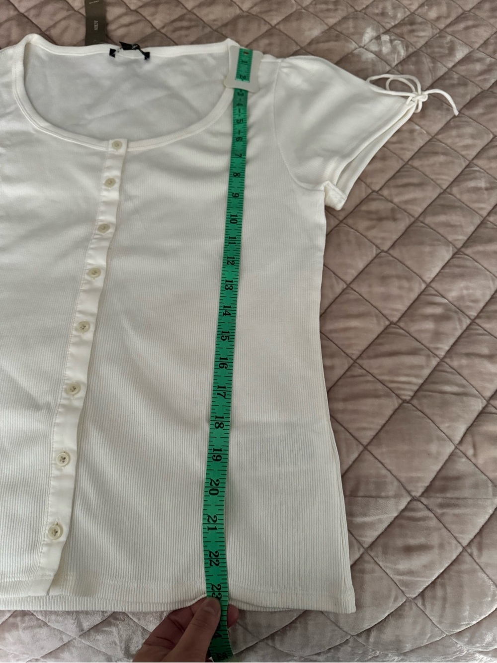 J. Crew Perfect Ribbed Button-Front Scoop Neck Top with Satin Trim, Ivory - Picture 4 of 11
